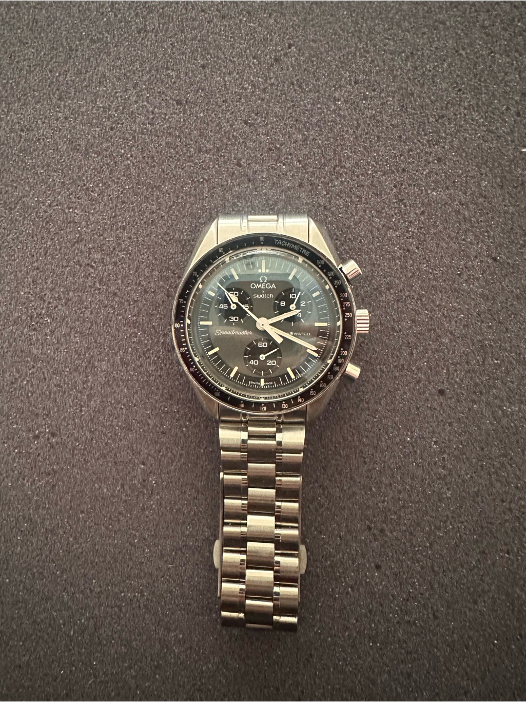 Omega Mens Stainless Steel Watch With Black Dial And Silver Bracelet